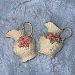 Vintage Porcelain Pink Rose Pitcher Vases Lattice Pattern Gold Trim Collectible